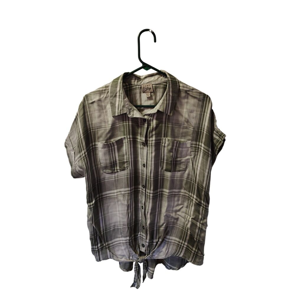 Como Vintage Women's Large Green Plaid Button Up Front Tie Short Sleeve Shirt‎